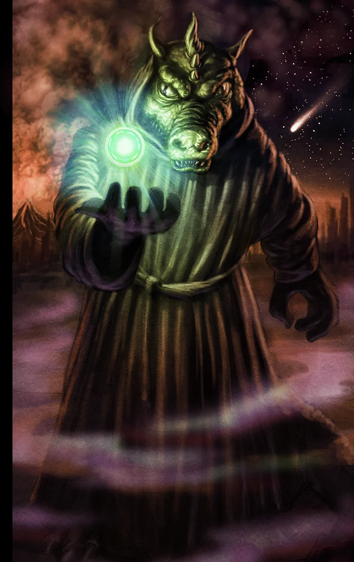 A horned Field mage stands amid mist, commanding a green orb.
