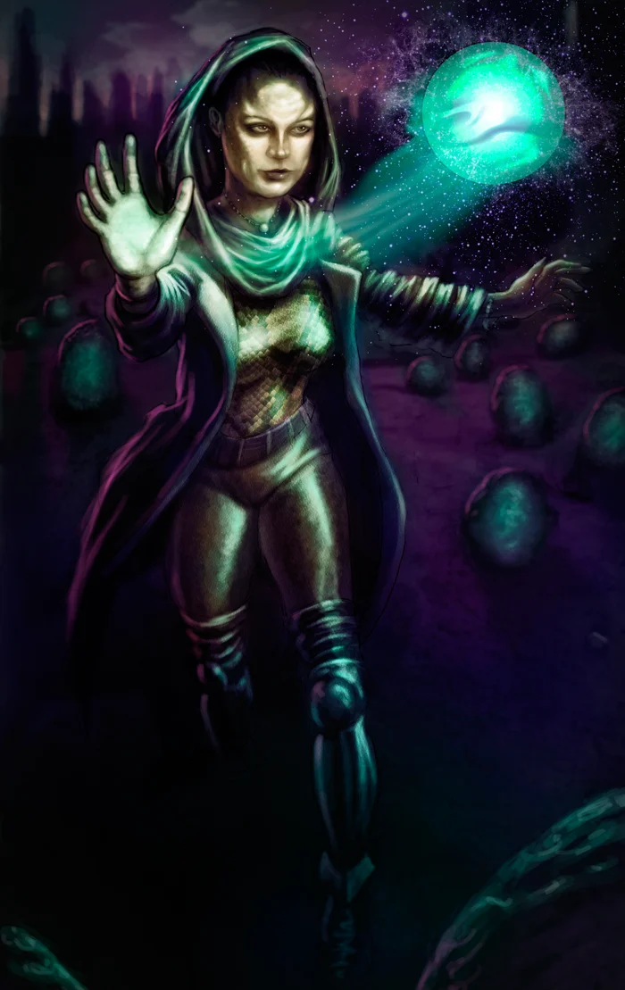 The Sling mage prepares a brilliant green spell with an outstretched hand.