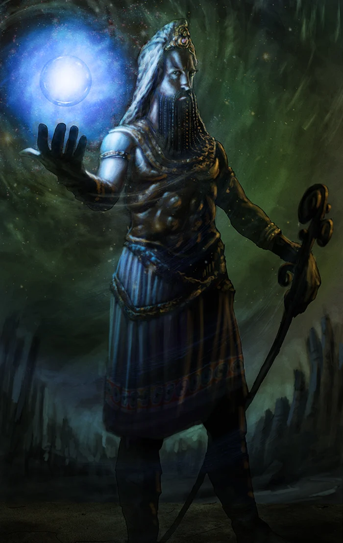 The Source mage, crowned in gold, holds a cold blue orb.